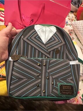 Loungefly Wicked Pinstripe Jacket Mini Backpack - Gray with Teal and Light Blue